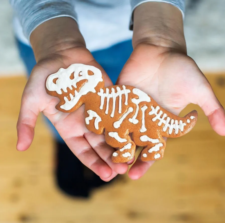 A child holding a T-rex dinosaur baked biscuit on their upturned palms.