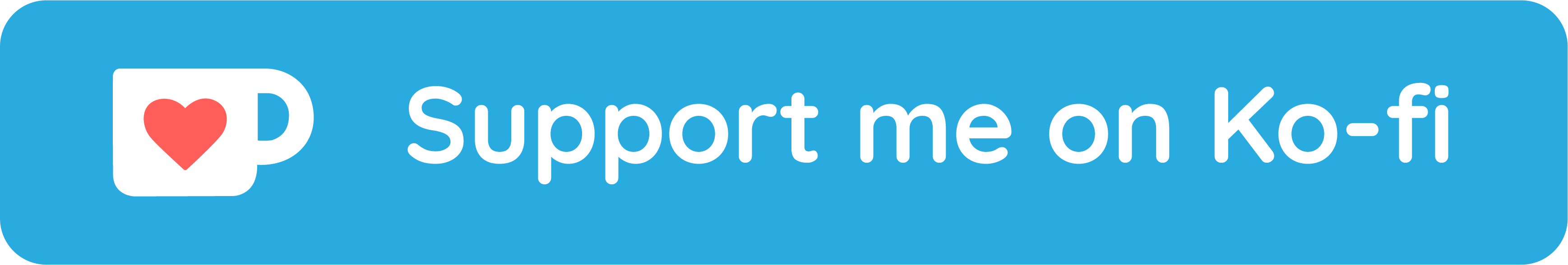 Logo consisting of a white cup with a red heart inside it to the left of the words support me on Ko-fi in white.