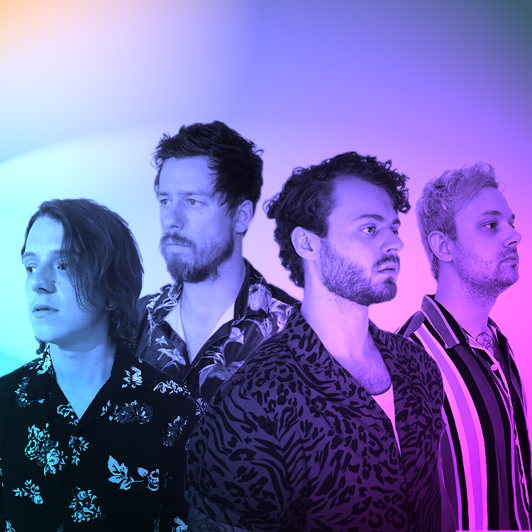 A group of four men with varying hairstyles and outfits, posing against a colourful purple and blue gradient background.