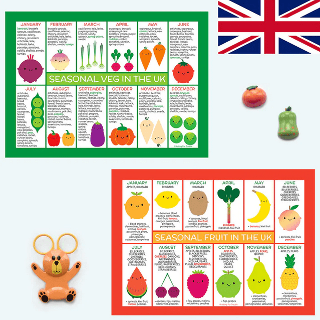 Educational posters displaying seasonal fruit and vegetables in the UK with a green background, featuring illustrations of various fruit and vegetables for each month.